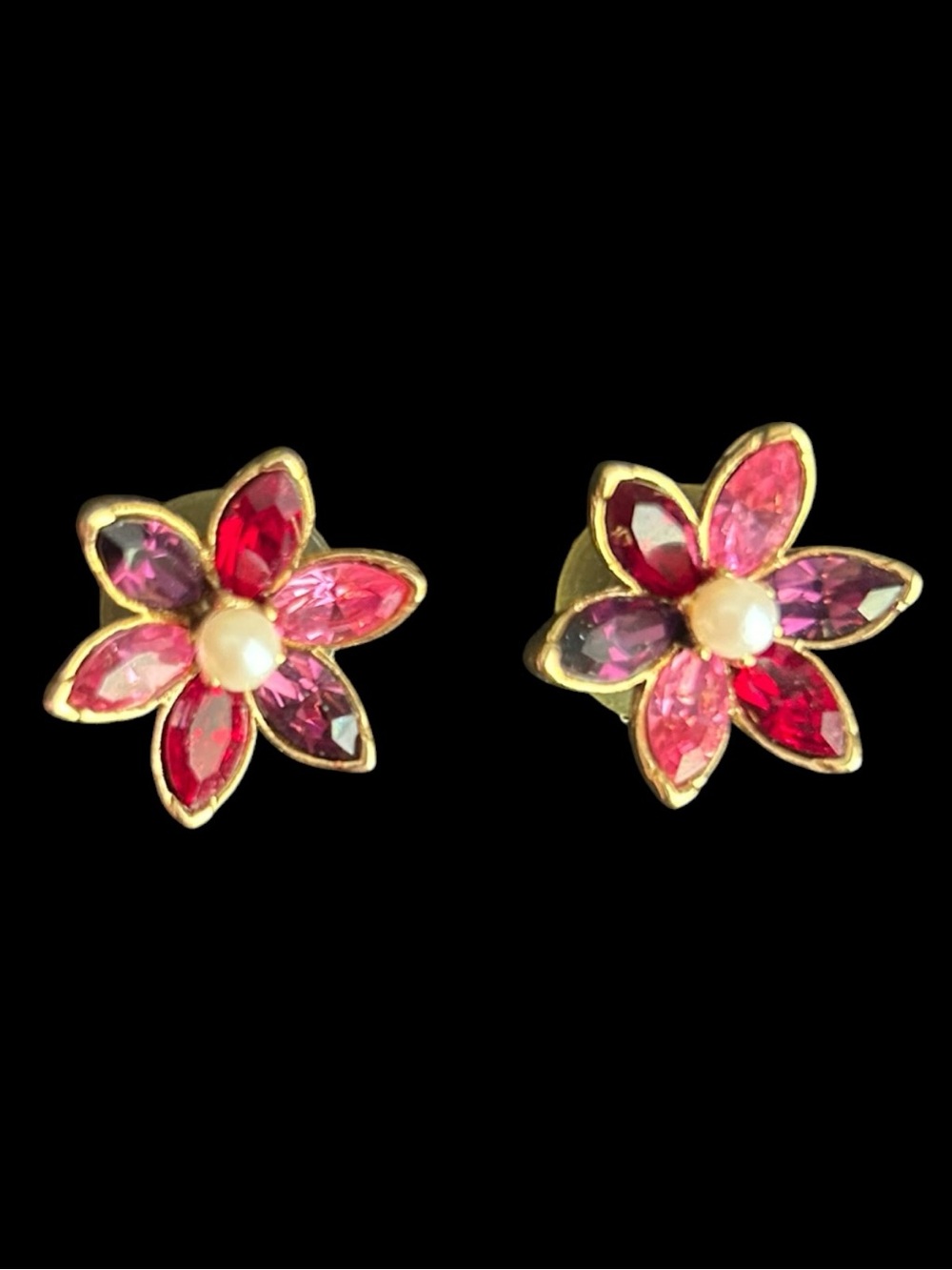 Gold-Tone Pink Multi-Gem Flower Stud Earrings with Pearl Center
